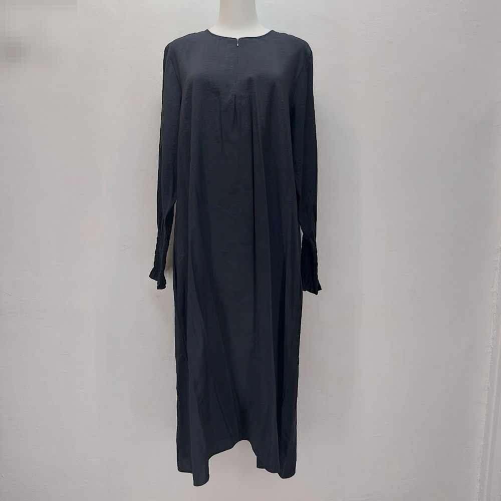 COS Midi Dress Women's 10 Black Oversized Dark Academia Smocked Cuff Modal Blend